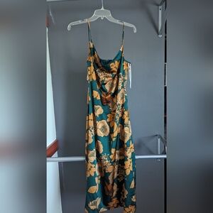 Lulus Favorite Icon Green Floral Satin Cowl Neck Slip Midi Dress